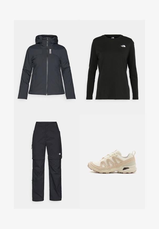 Črna kapuca jakna s sprednjim zadrgo, ki se ponaša s slim fit krojem, gladko teksturo in logotipom na prsih. Narejena iz lahkega, vremensko odpornega materiala.; Črna majica z dolgimi rokavi iz bombaža z okroglo izrezom. Ima majhen bel logotip na levem prsnem delu. Enostaven dizajn in prileganje.; Črne najlon hlače z zipom, ki se lahko odstranijo, s prilagodljivimi manšetami, več žepi in logotipom na desni nogi. Gladka, lahka tekstura.; Bež in krem športni čevlji z teksturiranim mrežastim zgornjim delom, podpornimi prekrivali in gumijastim podplatom z vzorcem za oprijem.