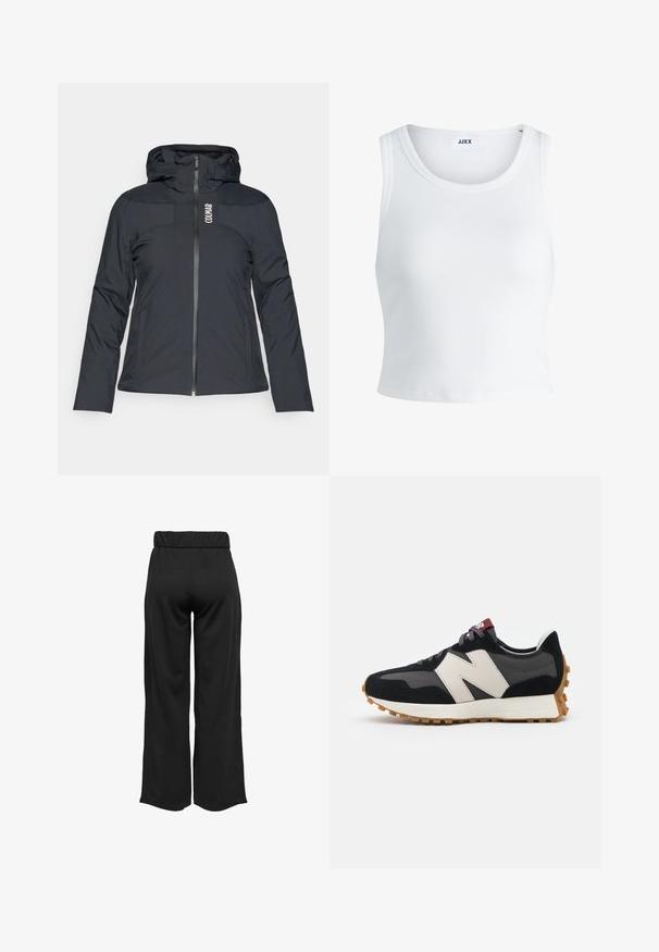 Black hooded jacket with a front zipper, featuring a slim fit, smooth texture, and a logo on the chest. Constructed from lightweight, water-resistant material.; White ribbed tank top featuring a round neckline, sleeveless design, and a cropped length. Label reads "JJXX." Smooth fabric texture.; Black, wide-leg pants with an elastic waistband, made from smooth fabric. Features a clean design with no pockets or visible stitching details.; Black and gray suede sneaker with a large cream-colored "N" logo, purple laces, and a textured gum rubber outsole.