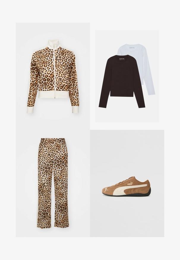 Leopardų rašto striukė su baltu apykakle ir rankogaliais, priekinis užtrauktukas, pagaminta iš minkštos medžiagos, turi ilgas rankoves ir prigludusį dizainą.; YOURTURN 2 PACK UNISEX - Ilgarankovis viršutinės dalies drabužis - white/dark brown; Leopardo raštinės kelnės, pagamintos iš minkštos medžiagos, su laisvu siluetu, plačiomis kojomis ir elastinga juosmens juosta, kuri yra smėlio ir rudos spalvų.; Rudos zomšiniai žemakulniai sportbačiai su kreminiais akcentais, tekstūruota paviršiumi, juoda guma padu ir siuvinėtu logotipu šone bei liežuvėlyje.