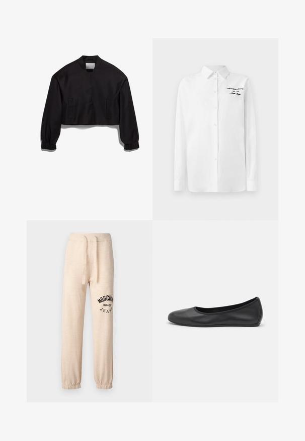 Svart kortet jakke med oppreist krage, lange ermer, elastiske mansjetter og to frontlommer. Glatt tekstur med matt finish.; Hvit langermet knappshirt med krage og svart brodert tekst "Moschino Jeans" på øvre venstre bryst.; Beige sweatpants med elastiske mansjetter og midjebånd. Har en svart trykt logo "MOSCHINO 86 ❤ 23 JEANS" på venstre lår. Myk tekstur.; Svart skinnballettflatt med rund tå, glatt tekstur, minimal sømdetalj, og et fleksibelt såledesign.