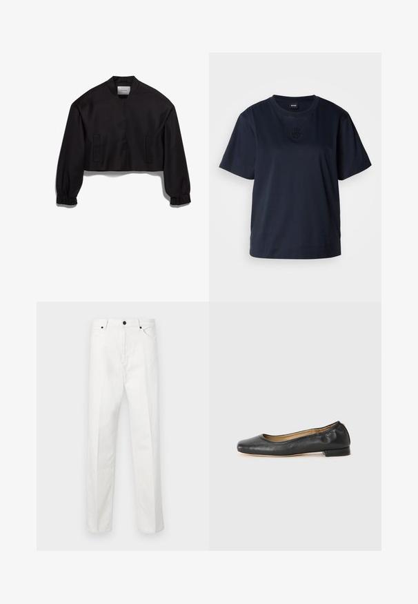 Svart kortet jakke med oppreist krage, lange ermer, elastiske mansjetter og to frontlommer. Glatt tekstur med matt finish.; Marineblå kortermet t-skjorte laget av myk bomull. Har en rund halslinning og en subtil brodert logo på brystet.; Hvite denimbukser med rett snitt, knappelukking og to frontlommer. Ingen synlige mønstre eller dekorasjoner. Jevn tekstur.; Sorte lær balletflade med rund tå og minimal søm. Lav, rektangulær hæl og glat tekstur. Diskret indvendig foringsdetalje.