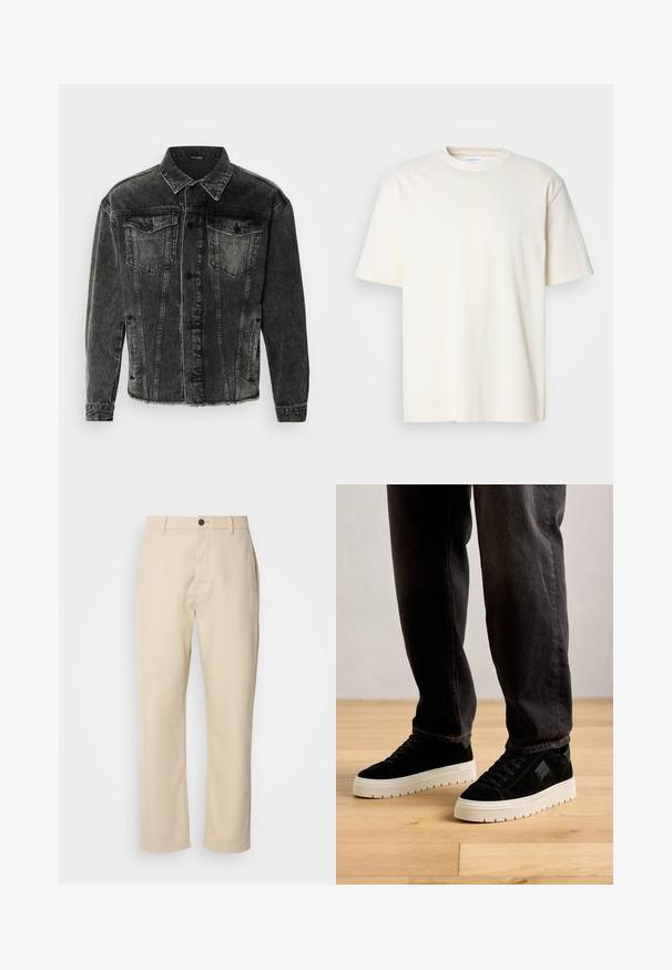 Schwarze, ausgebleichte Jeansjacke mit klassischem Design. Verfügt über zwei Brusttaschen, Knopfverschluss und robuste Nähte. Texturiertes Material mit lässiger Passform.; Ein einfarbiges, off-white T-Shirt mit kurzen Ärmeln und Rundhalsausschnitt, unisex Design, auf einem neutralen grauen Hintergrund präsentiert.; Beige Baumwollhosen mit geraden Beinen, einem Knopfverschluss vorne, Seitentaschen und einer glatten Textur. Minimalistisches Design, ohne sichtbare Muster.; Person in schwarzen Wildleder-Sneakern mit weißen dicken Sohlen und dunkler Jeans, der auf einem hellen Holzfußboden steht.