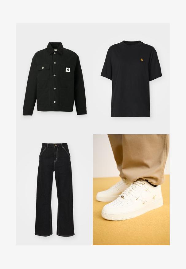 Črna srajčna jakna s štirimi sprednjimi žepi, kovinskimi gumbi, rebrastim ovratnikom in belim logotipom Carhartt na zgornjem desnem žepu.; Črna bombažna majica s sproščenim krojem. Ima okroglo ovratnik in kratke rokave. Vključuje majhen zlat vezen logotip na prsih.; Črne široke kavbojke iz denima, ki imajo kontrastne bele šive in sprednje gumbno zapiranje, ter dve nagnjeni sprednji žepi.; Bela usnjena športna obutev s perforiranim prstom, zlatimi poudarki in ravnimi vezalkami, v kombinaciji s bež hlačami na teksturirani rumeni površini.