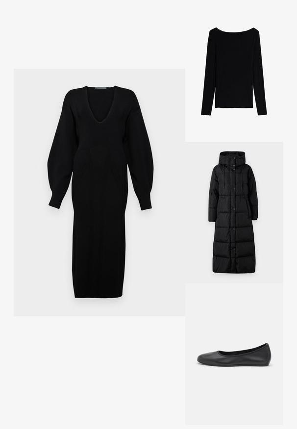 Weekend Max Mara DOLLY - Piumino lungo - nero; Abito nero lavorato a maglia con scollatura a V profonda, maniche lunghe e voluminose, e dettagli a motivo testurizzato sul corpetto.; Intimissimi CHRISTMAS - Maglietta a manica lunga - black; Pantofole da balletto nere in pelle con punta arrotondata, texture liscia, dettagli di cucitura minimi e design con suola flessibile.