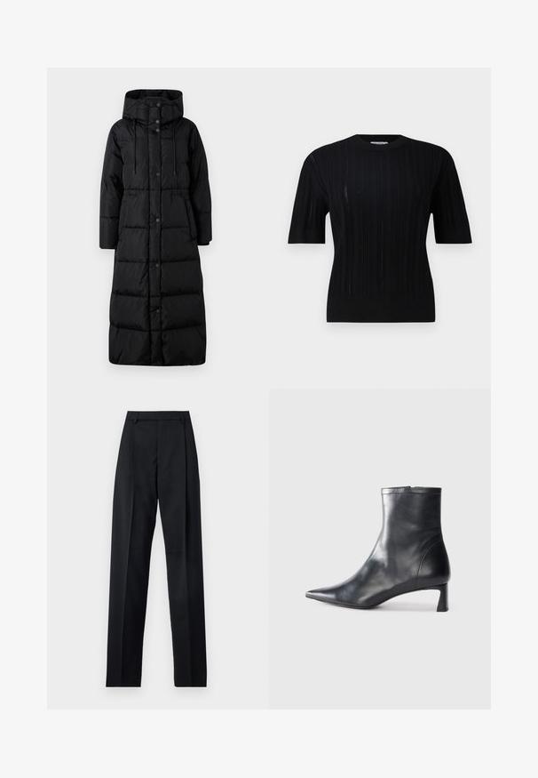 WEEKEND MaxMara DOLLY - Pūkinis paltas - nero; Filippa K BRAID - Džemperis - black; Juodos kelnės iš lygaus audinio, pasižyminčios aukštu liemeniu, plačiomis kojomis, priekinėmis klostėmis ir klasikiais diržo kilpomis. Šoninių kišenių nematyti.; Juodas odinis kulkšninis batas su smailiu pirštu ir elegantišku dizainu. Turi žemą kulną ir užtrauktuką gale. Lygi tekstūra.