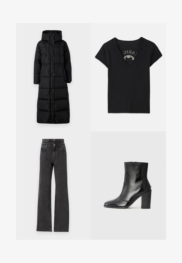 WEEKEND MaxMara DOLLY - Down coat - nero; Black short-sleeve t-shirt with a deep V-neckline, featuring a mesh panel and printed design on the inner layer. Soft, breathable fabric.; Black high-waisted jeans feature a straight leg design, subtle distressed detailing, and metal button hardware at the waist.; Black leather ankle boot with a smooth texture, pointed toe, and a chunky high heel. Features a side opening and minimalistic design.