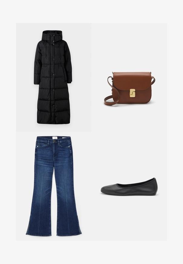 WEEKEND MaxMara DOLLY - Tollkabát - nero; Fehér, rövid ujjú póló ribbed anyagból. Kerek nyakkivágás, normál szabás és diszkrét varrási részletek. Nincsenek minták vagy grafikák.; Sötétkék, trapéz fazonú farmernadrág, amelyek denim anyagból készültek. Magas derekú, elöl zsebekkel és részekkel a szegésnél. Klasszikus, öt zsebes kialakítás.; Fekete bőr balettcipő lekerekített orral, sima tekstúrával, minimális varrással és rugalmas talp kialakítással.; Barna bőr kézitáska, hajtókás zárással, arany színű fém kiegészítőkkel, vállpánttal és sima felülettel. Kompakt téglalap alakú.