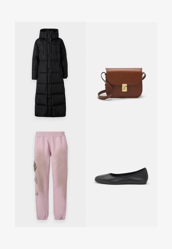 WEEKEND MaxMara DOLLY - Manteau en duvet - nero; T-shirt blanc à manches courtes en tissu côtelé. Col rond, coupe régulière et détails de couture subtils. Aucune motif ni graphique.; Pantalon de survêtement rose avec une taille élastique, présentant des patches décoratifs en forme de diamant sur le côté gauche et des poignets élastiques aux chevilles.; Ballerines en cuir noir avec un bout rond, texture lisse, détails de couture minimalistes et design de semelle flexible.; Sac à main en cuir marron avec une fermeture à rabat, des accents en métal doré, une bandoulière et une texture lisse. Forme rectangulaire compacte.
