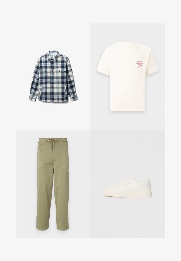 Langärmliges Hemd mit Knopfleiste in blau-beige-weißem Karomuster, zwei Brusttaschen mit Knöpfen und Seitentaschen.; Weißes T-Shirt mit kurzen Ärmeln und rotem Text "Studio Originals Edition" auf der linken Brust, präsentiert vor einem neutralen grauen Hintergrund.; Helle olivgrüne Hose aus Baumwollmischgewebe, mit einem elastischen Bund und Kordelzug sowie zwei großen Seitentaschen.; Weiße Slip-On-Sneaker mit einer strukturierten Oberfläche, dicker Sohle und minimalistischem Design. Mit Logo der Marke an der Seite.