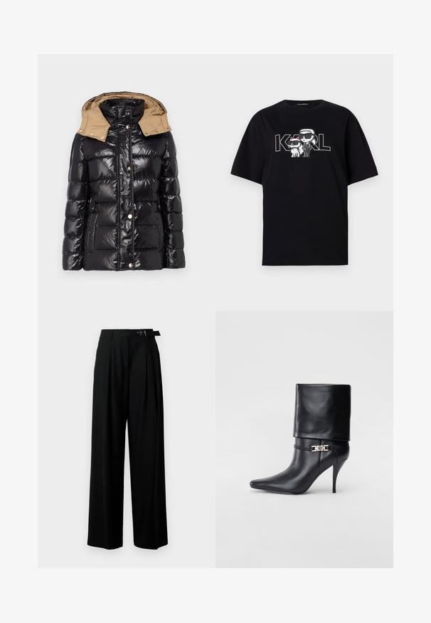LIU JO IMBOTTITO PIUMA CORTO - Jachetă cu puf - nero/tortora; Tricou negru din bumbac, cu un imprimeu grafic ce înfățișează două personaje de desene animate cu ochelari de soare, însoțit de textul "KARL" scris cu litere îndrăznețe.; Pantaloni negri cu croi larg, talie înaltă, pliuri în față și un b μέρος cu cataramă. Confecționați dintr-un material neted și ușor.; Botine negre din piele, cu vârf ascuțit, toc înalt și subțire, cu manșetă pliată și un detaliu decorativ cu cataramă aurie la gleznă.