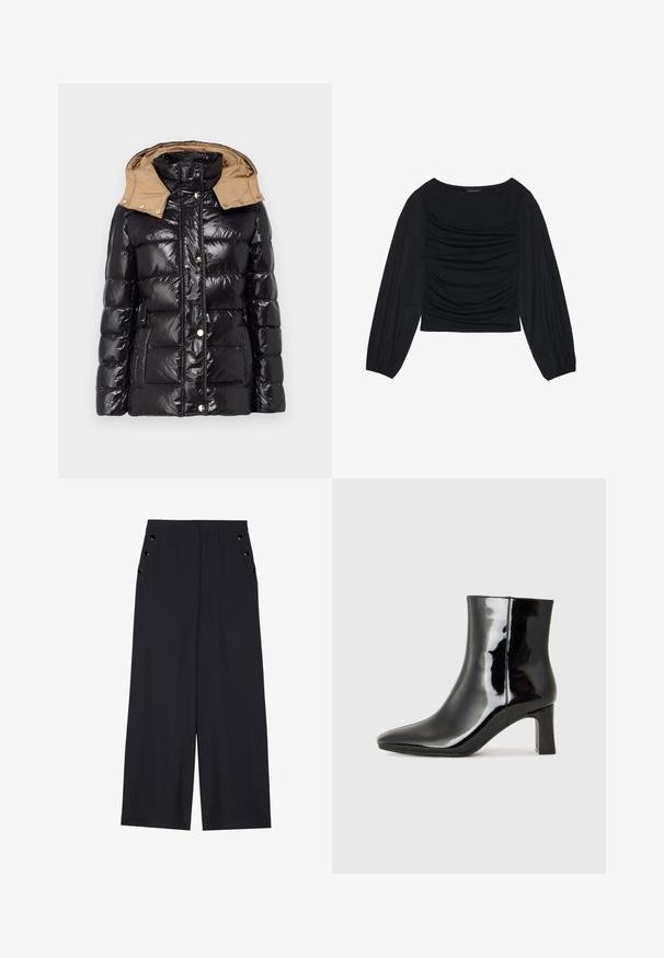 LIU JO IMBOTTITO PIUMA CORTO - Sulejope - nero/tortora; Must mustaga, millel on ees ja randmetel kokku tõmmatud kangadetailid, valmistatud pehmest ja venivast materjalist ning paadi kaelusega.; Laiad püksid tumesinises kangas, millel on sile tekstuur, ees pleedid ja dekoratiivsed kuldset värvi järgipuuaugud küljetaskutel.; Must-sinine nahkjalats musta läikiva viimistlusega, millel on terav nina ja keskmise kõrgusega plokk konts. Sile tekstuur ja minimalistik disain.