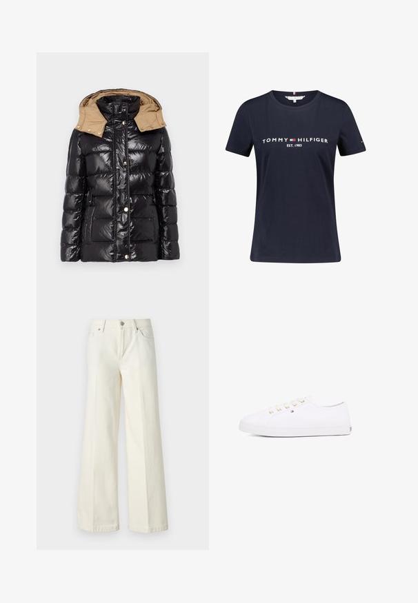 LIU JO IMBOTTITO PIUMA CORTO - Dūnu jaka - nero/tortora; Tums zila kokvilnas kreklā ar īsām piedurknēm, uz kura ir balta uzraksts "TOMMY HILFIGER EST. 1985". Piedurknē ir neliela logo akcenta detaļa.; Platās kāju baltās džinsas, izgatavotas no kokvilnas maisījuma auduma. Tām ir rāvējslēdzēja josta, piecu kabatu dizains un šuvju izšuvumi gar šuvēm.; Balti kanvas sporta apavi ar zeltītām acīm, plakanām šņorēm, teksturētu gumijas zoli un minimālu zīmolu uz sāniem. Zema profila dizains.