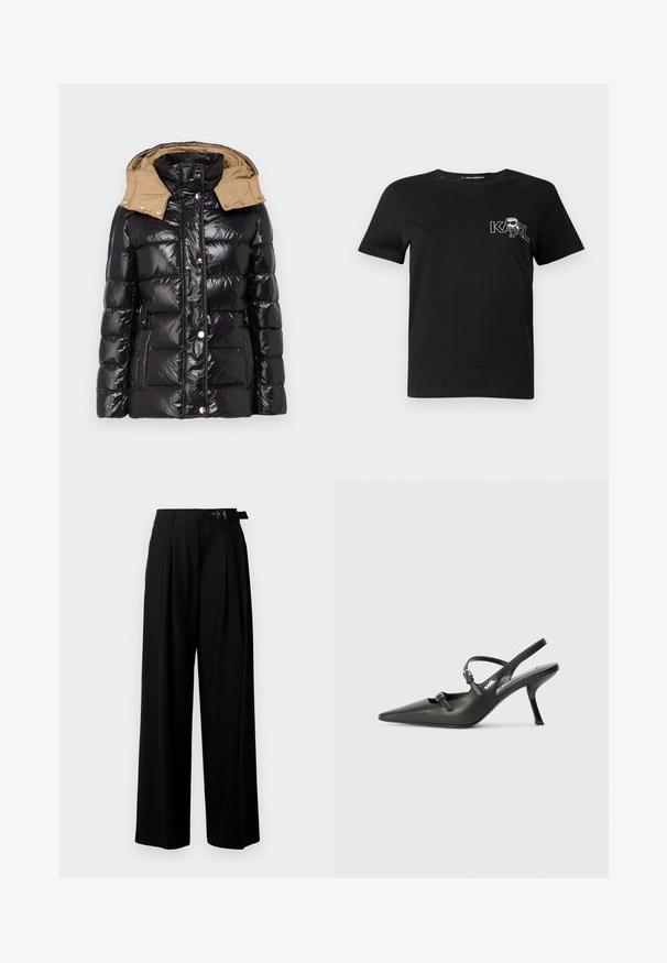 LIU JO IMBOTTITO PIUMA CORTO - Puhovka - nero/tortora; Črna kratka majica s slevenami iz bombaža. Opremljena z belo grafiko z besedilom "KARL" in stilizirano postavo na prsih. Okrogla ovratnica.; Črne široke hlače z visokim pasom, gubami spredaj in pasom z zaponko. Narejene so iz gladkega, lahkega materiala.; Črne usnjene sandale na peto s koničastim nosom, vitko peto in okrasno zaponko na sprednjem delu. Gladka tekstura in eleganten dizajn.
