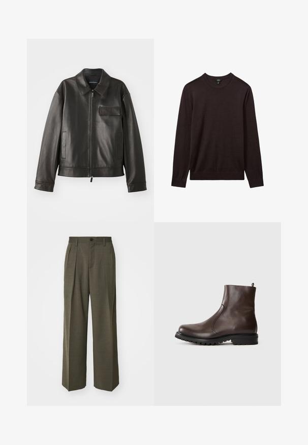 Schwarze Lederjacke mit Kragen, Frontreißverschluss und zwei Seitentaschen. Verfügt über eine Brusttasche mit Klappendetail und glatter Textur.; Reiss Strickpullover - dark bordeaux; Filippa K WIDE TROUSERS - Stoffhose - driftwood; Braune Leder-Stiefeletten mit glatter Textur, elastischen seitlichen Einsätzen, einer Schlaufe hinten und einer robusten Gummisohle.