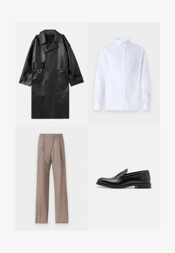 Melnas ādas lietusmētelis ar platām apmalēm, plecu spilventiņiem, divām priekšējām kabatām un diviem siksnu akcentiem vidukļa daļā.; Balts garo piedurknēm krekliņš ar pogām, izgatavots no kokvilnas, ar krūšu kabatu ar tonālu izšuvumu, apkakli un pogām pie piedurknēm.; Brūni, augstos šortos izgatavoti no teksturēta auduma. Iezīmē plašas kājas un divas priekšējās krokas, kas nodrošina struktūru. Kārtīga apdare bez redzamām detaļām.; Melnas ādas kurpes ar gludu tekstūru, noapaļu purngalu un dekoratīvu siksniņu pāri priekšpusei. Zems sakrauts papēdis, minimālisma dizains.