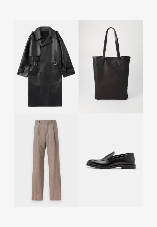 Manteau trench en cuir noir avec un large col, des épaulettes, deux poches avant et deux accents de boucles à la taille.; Chemise blanche à manches longues avec boutons en coton, présentant une poche poitrine avec broderie ton sur ton, un col et des poignets boutonnés.; Pantalons marron taille haute en tissu texturé. Présente des jambes larges et deux plis avant pour la structure. Finition soignée sans matériel visible.; Mocassins en cuir noir avec une texture lisse, bout rond et une sangle décorative sur le dessus. Talon bas empilé, design minimaliste.; Sac fourre-tout en toile noire avec des poignées en cuir noir. Design simple, corps spacieux et texture lisse. Pas de logos ou motifs visibles.