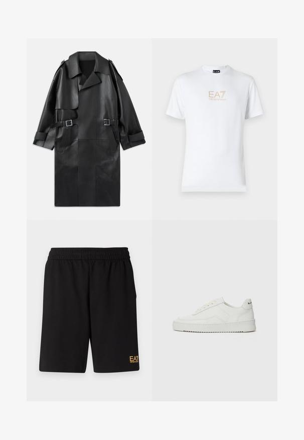 Black leather trench coat featuring a wide collar, shoulder epaulets, two front pockets, and two buckle accents at the waist.; White cotton t-shirt featuring a round neckline and short sleeves, with a gold EA7 Emporio Armani logo printed on the front.; Black athletic shorts made of soft fabric,Featuring an elastic waistband and a small yellow EA7 logo on the lower left leg.; White leather sneaker with a smooth finish, round toe, flat laces, and a textured sole. Features a subtle logo on the heel.