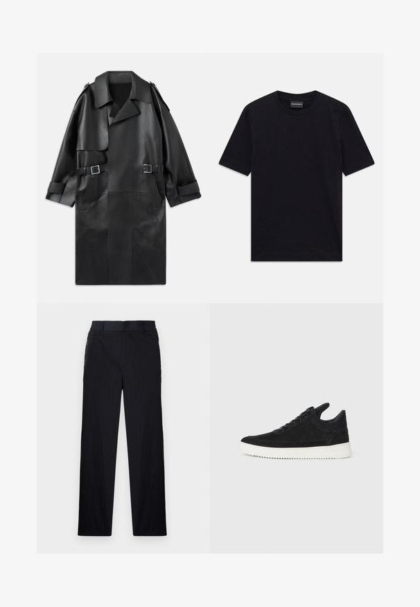 Cappotto trench in pelle nera con ampio colletto, spalline, due tasche frontali e due dettagli a fibbia in vita.; T-shirt nero a maniche corte con colletto tondo, con un sottile motivo in rilievo e etichetta del marchio all'interno del colletto, adagiato su uno sfondo bianco.; Pantaloni neri realizzati in un tessuto leggero e strutturato, con taglio dritto, vita elasticizzata e tasche laterali con zip.; Sneaker in suede nero con suola in gomma bianca, caratterizzato da cuciture tonali e design con lacci. Texture liscia con una forma moderna e aerodinamica.