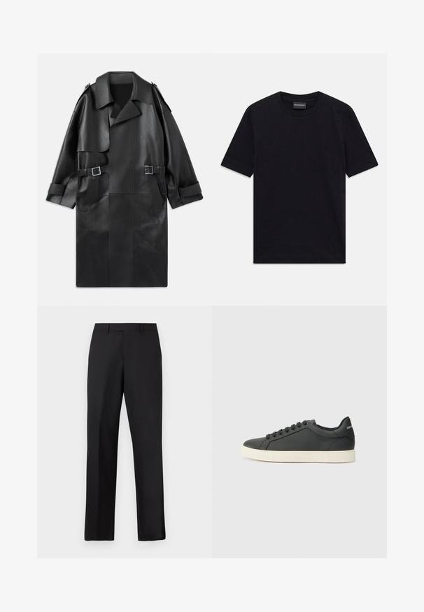 Schwarzer Leder-Trenchcoat mit breitem Kragen, Schulterklappen, zwei Fronttaschen und zwei Schnallenakzenten an der Taille.; Schwarzes kurzärmeliges T-Shirt mit Rundhalsausschnitt und dezentem, geprägtem Muster sowie Markenlabel im Kragen, flach auf weißem Hintergrund ausgelegt.; Schwarze, gerade geschnittene Hose aus glattem Stoff. Verfügt über einen normalen Bund und keine sichtbaren Muster oder Akzente.; Schwarze Ledersneaker mit niedrigem Profil, abgerundeter Zehe und Schnürverschluss; ausgestattet mit einer strukturierten Gummisohle und Logo-Detail an der Ferse.