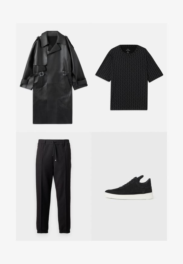 Zwarte leren trenchcoat met een brede kraag, schouderepauletten, twee voorzakken en twee gespaccenten in de taille.; Zwarte T-shirt met een gestructureerd patroon van afwisselende 'A' logo's, korte mouwen en een ronde hals. Gemaakt van lichte stof.; Zwarte broeken met een tailleband, koord en elastische boorden. Heeft plooien en een gladde, gestructureerde stof.; Zwarte suède sneakers met een witte rubberen zool, voorzien van tonale stiksels en een vetersluiting. Glad oppervlak met een moderne, gestroomlijnde vorm.