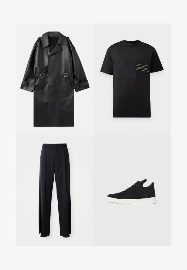 Schwarzer Leder-Trenchcoat mit breitem Kragen, Schulterklappen, zwei Fronttaschen und zwei Schnallenakzenten an der Taille.; Schwarzes kurzärmliges T-Shirt aus Baumwolle mit einer aufgesetzten Brusttasche mit Logo und zwei horizontalen Streifen in Weiß und Gold.; Schwarze, hoch taillierte Hose mit weitem Bein, aus glattem Stoff. Verfügt über vorne gelegte Falten und Gürtelschlaufen. Minimalistisches Design, ohne sichtbare Beschläge.; Schwarze Wildleder-Sneaker mit einer weißen Gummisohle, die sich durch elegante Nähte und ein schnürbares Design auszeichnen. Glatte Textur mit einer modernen, stromlinienförmigen Form.