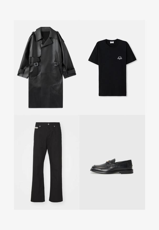 Sort læder trench coat med bred krave, skulderepauletter, to frontlommer og to spænde accenter i taljen.; Sort bomulds t-shirt med rund halsudskæring. Har et lille hvidt grafisk design på brystet. Korte ærmer og lige kant.; Svarte bomuldsbukser med lige ben-design, der har en frontknaplukning, to sidelommer og et lille mærke på linningen.; Sorte læder loafers har en afrundet tå, syede detaljer og en lille gylden accent foran. Sålen er flad og diskret.
