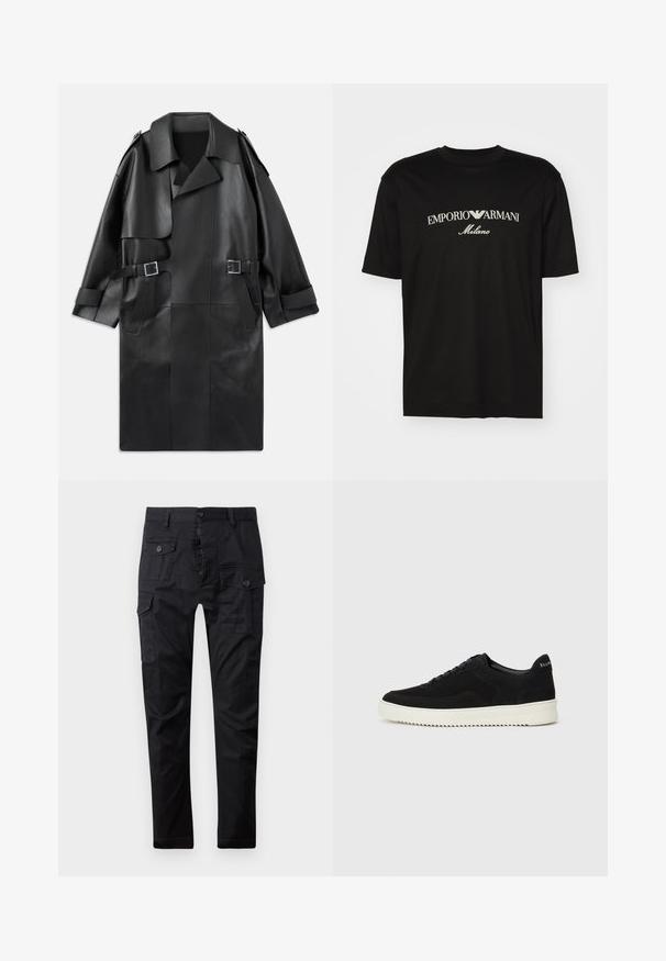 Schwarzer Leder-Trenchcoat mit breitem Kragen, Schulterklappen, zwei Fronttaschen und zwei Schnallenakzenten an der Taille.; Schwarzes Baumwoll-T-Shirt mit Rundhalsausschnitt, kurzen Ärmeln und dem "EMPORIO ARMANI"-Logo in Weiß über dem geschwungenen Schriftzug "Milano".; Schwarze Cargohosen aus strapazierfähigem Stoff, ausgestattet mit mehreren Taschen, einem Knopfverschluss und einem geraden Bein-Design. Glatte Textur und matte Oberfläche.; Schwarze Wildleder-Sneaker mit Schnürdesign und kontrastierender weißer Gummisohle. Verfügt über strukturierte Seitenpaneele und dezentes Branding an der Ferse.
