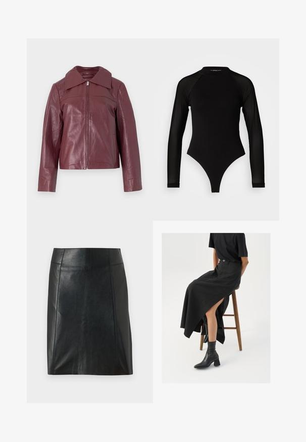 Selected Femme SLFBEA JACKET - Leather jacket - zinfandel; Black long-sleeve bodysuit with a high neck, featuring solid fabric on the torso and sheer mesh sleeves, designed in a fitted shape.; Black leather skirt with a fitted design. Smooth texture, seams outlining shape, and a straight hem. Minimalistic and sleek appearance.; Black linen maxi skirt with a high slit, worn with a black t-shirt and black ankle boots. Minimalistic design with a relaxed fit.