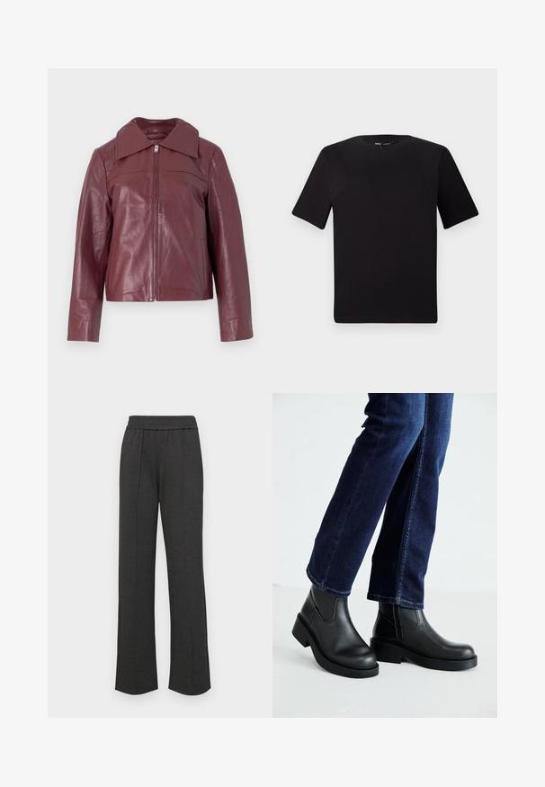 Selected Femme SLFBEA JACKET - Kožená bunda - zinfandel; Čierne tričko s krátkym rukávom a okrúhlym výstrihom, vyrobené z mäkkej bavlny. Jednoduchý dizajn, bez viditeľných log alebo vzorov.; Čierne nohavice s rovnými nohavicami a elastickým pásom, s prednými záhybmi, z mäkkej látky, bez viditeľných vzorov alebo kovových detailov.; Čierne kožené členkové čižmy s robustnou podrážkou a bočnými elastickými panelmi, skombinované s tmavomodrými džínami. Pôda je svetlá.