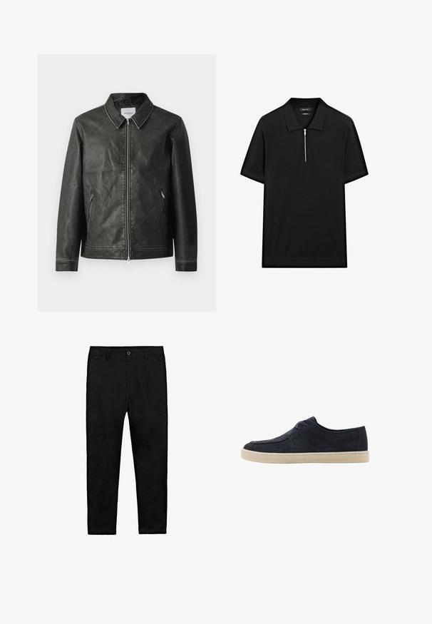 Černá kožená bunda s hladkou texturou, patentním límcem, plným předním zipem a dvěma bočními kapsami. Obsahuje minimální švy.; Černé polo tričko s krátkým rukávem, stojatým límečkem a předním zipem. Vyrobeno z hladké tkaniny s čistým, minimalistickým designem.; Černé rovné kalhoty s knoflíkovým zapínáním, poutky na opasek a bočními kapsami, rozložené na bílé ploše.; Námořnické zamšové boty s kulatou špičkou, dvěma dírkami pro šněrování a krémovou gumovou podrážkou. Hladká textura a minimalistický design.