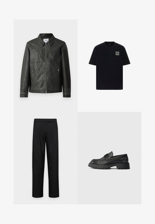 Black leather jacket with a smooth texture, snap collar, full front zipper, and two side pockets. Features minimal stitching details.; Black cotton t-shirt with short sleeves, featuring a square gray logo patch on the left chest. Crew neck design, smooth texture.; Black trousers made of smooth fabric, featuring a straight-leg design, two front pleats, and standard waistband with belt loops.; Black leather loafers with a textured panel, thick lug sole, and a sleek silhouette. Features a decorative buckle on the upper.