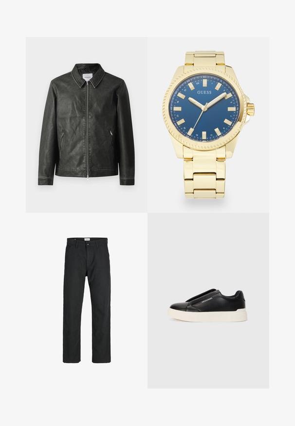 Juodas odinis švarkas su lygiu paviršiumi, mygtukų apykakle, visiškai užtraukiama priekyje ir dviem šoninėmis kišenėmis. Pasižymi minimaliais siuvimo akcentais.; Tamsiai pilkas trumpas rankovėmis marškinėliai, pagaminti iš lengvos medvilnės, su laisvu kirpimu ir klasikinės apvalios iškirptės dizainu, be raštų ir su vientisu paviršiumi.; Juodi kelniai, pagaminti iš tvirto audinio, su tiesiomis kojomis, siuvinėtomis detalėmis ir dviem priekinėmis kišenėmis funkcionalumui.; Juodi slip-on sportbačiai su tekstūruota odos viršutine dalimi, balta gumine padai ir be matomų raištelių. Šone yra prekės ženklo logotipas.; Auksinės spalvos metalinis laikrodis su mėlynu ciferblatu, kuriame yra baltos valandos žymekliai, sidabriniai rodyklės ir tekstūruota rėmelis, sumontuotas ant auksinio apyrankės.
