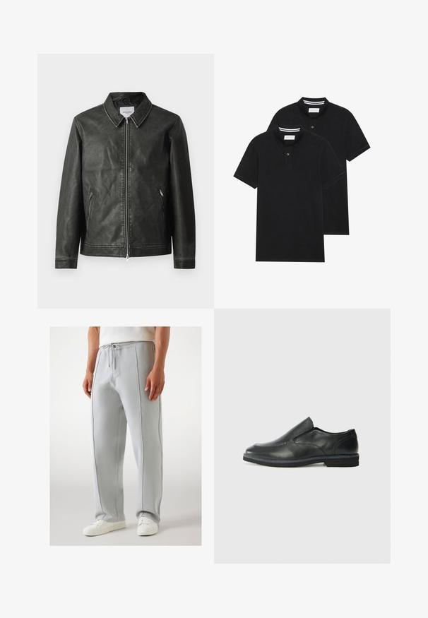 Giacca in pelle nera con una texture liscia, colletto a scatto, zip frontale completa e due tasche laterali. Presenta dettagli di cucitura minimi.; Due magliette polo nere, con maniche corte, in cotone, con colletto classico, pattina a due bottoni e dettagli a righe bianche all'interno del colletto.; Pantaloni grigi chiari, a vestibilità ampia con vita regolabile, caratterizzati da cuciture laterali e una texture morbida, abbinati a sneakers bianche.; Scarpa nera in pelle con inserto scivolare, superiore liscio, dettagli cuciti, punta arrotondata e tacco in gomma basso. La suola presenta un battistrada minimale.
