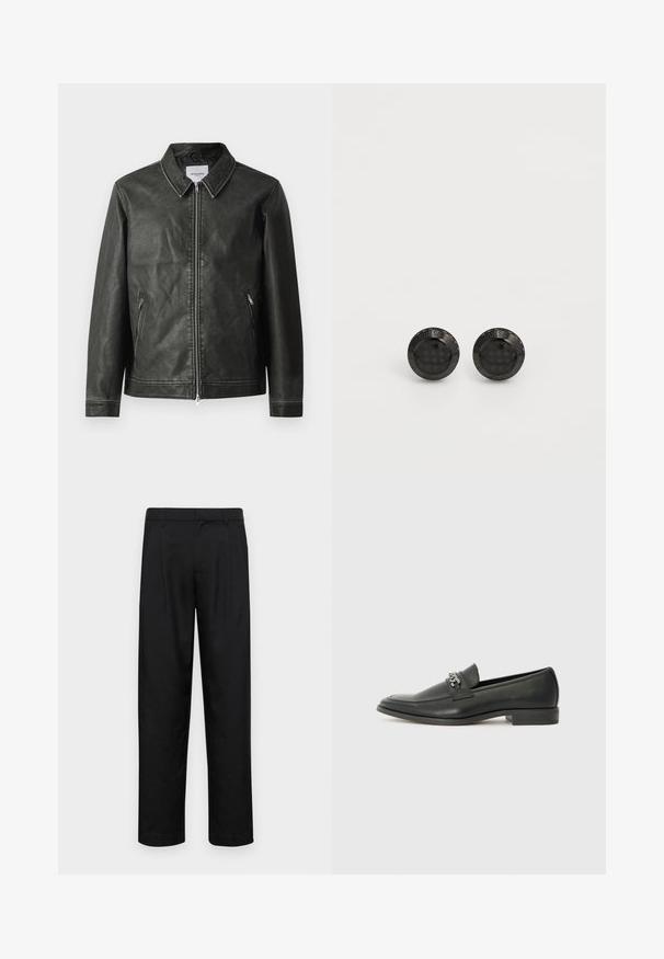 Black leather jacket with a smooth texture, snap collar, full front zipper, and two side pockets. Features minimal stitching details.; Long-sleeve black T-shirt made of cotton, featuring a round neckline, loose fit, and ribbed cuffs. Smooth texture with no visible patterns.; Black trousers made of smooth fabric, featuring a straight-leg design, two front pleats, and standard waistband with belt loops.; Black leather loafer with a smooth finish, featuring a stitched design and a decorative metal chain accent across the vamp. Flat heel.; Black round earrings featuring a textured surface and engraved brand name. Smooth finish with a glossy appearance and small central hole.