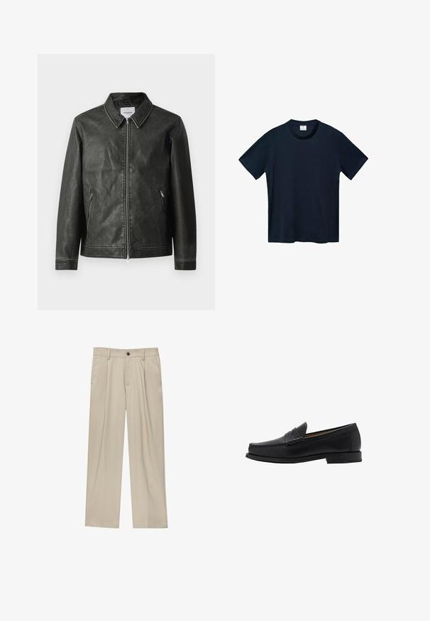 Černá kožená bunda s hladkou texturou, patentním límcem, plným předním zipem a dvěma bočními kapsami. Obsahuje minimální švy.; Námořnický modrý tričko s krátkým rukávem vyrobené z měkké bavlny, s kulatým výstřihem a čistým, rovně střiženým lemováním bez viditelných vzorů.; Béžové kalhoty klasického střihu, se jedním černým knoflíkem, poutky na opasek a bočními kapsami. Hladká textilie a minimalistický design.; Mango Elegantní nazouvací boty - black