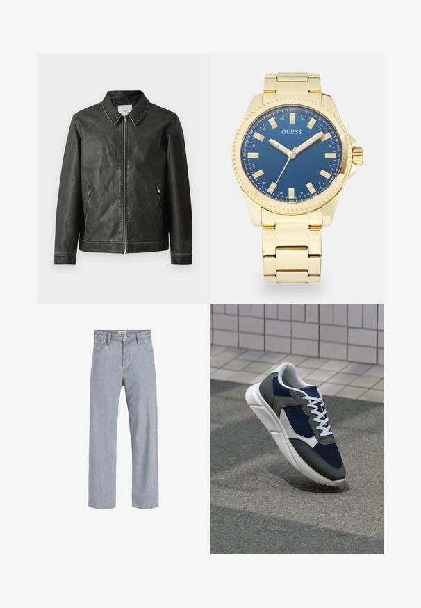 Zwarte leren motorjack met een gladde textuur, drukknoopkraag, volledige voorkant met rits en twee zijzakken. Bevat minimale stikdetails.; Navyblauwe korte mouwen t-shirt van zachte katoen, met een ronde halslijn en een rechte, schone zoom zonder zichtbare patronen.; Lichtblauwe denim jeans met een relaxed fit, rechte pijpen, zichtbare stiksels, twee voorzakken en een knoopsluiting.; Sneaker met een marineblauwe mesh bovenwerk, grijze suède accenten, witte rubberen zool en platte witte veters, ontworpen voor comfort en ademend vermogen.; Goudkleurig metalen polshorloge met een blauwe wijzerplaat, voorzien van witte uurmarkeringen, zilveren wijzers en een gestructureerde bezel, bevestigd aan een gouden bracelet.