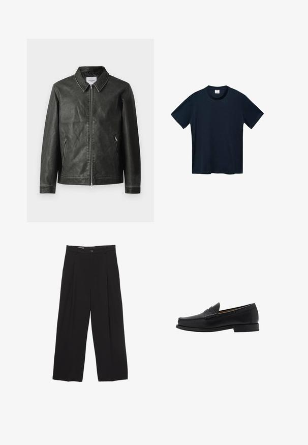 Giacca in pelle nera con una texture liscia, colletto a scatto, zip frontale completa e due tasche laterali. Presenta dettagli di cucitura minimi.; T-shirt a maniche corte di colore blu navy realizzato in morbido cotone, con scollo rotondo e orlo dritto senza motivi visibili.; Pantaloni neri a gamba larga realizzati in tessuto morbido, con vita piatta, pinces frontali e chiusura con un bottone.; Mango Mocassini eleganti - black