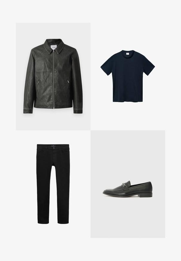 Sort læderjakke med en glat overflade, trykkrave, fuld frontlynlås og to sidelommer. Har minimale syninger.; Marineblå t-shirt med korte ærmer lavet af blød bomuld, med rund halslinje og en ren, lige afslutning uden synlige mønstre.; Sorte denimjeans med et slank pasform-design, der har en frontknaplukning, fem lommer og en glat overflade hele vejen igennem.; Sorte læder loafers med en glat finish, der har et syet design og et dekorativt metal kædeaccent hen over vamps. Flad hæl.