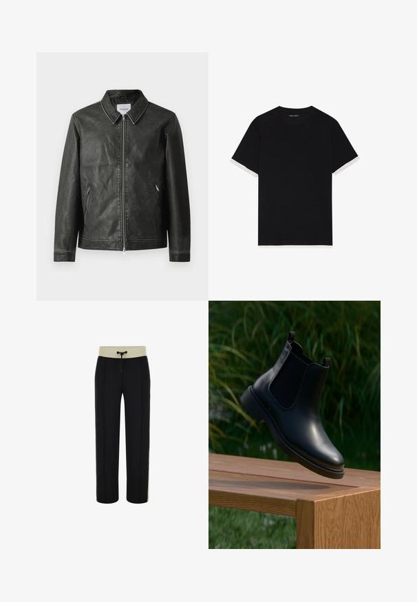 Sort læderjakke med en glat overflade, trykkrave, fuld frontlynlås og to sidelommer. Har minimale syninger.; Sort kortærmet t-shirt i struktureret stof med hvide detaljer på manchetterne. Rundet halsudskæring, afslappet pasform.; Sorte sweatpants med en cremegul ribbet talje, snor og sidelæg. Lige ben design med en glat tekstur og ingen synlige mønstre.; Sort læder ankelstøvle med elastiske sidepaneler, der svæver over en træbænk, med grønne planter i baggrunden.