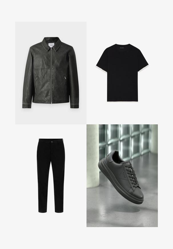 Must režiimist valmistatud must nahast jope, millel on sile tekstuur, nööpsulguriga krae, täispikk eesmine tõmblukk ja kaks külge taskut. Erakordne on minimaalne õmblusdetailide arv.; Musta lühikeste varrukatega t-särk tekstuursete kangastega, millel on valged aktsendid käistelt. Ümar kaelus, mugav lõige.; Mustadest puuvillast pükstest, millel on kohandatud lõige, mis sisaldab eesnuppe ja sujuvat tekstuuri, pakkudes puhtat ja minimalistlikku disaini.; Mustad nahkjalatsid siledat viimistlusest, ümmarguse varbaga, tekstuursete aktsentide ja paeltega kujundusega. Logo on näha keelel.