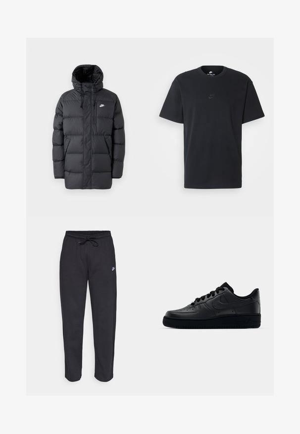 Fekete steppelt kabát kapucnival, elöl cipzárral, rugalmas mandzsettákkal, oldalsó zsebekkel és egy kis logóval a mellen. Texturált, steppelt kialakítás.; Fekete pamut póló Nike márkájú, klasszikus, kerek nyakú, rövid ujjú, és letisztult, dombornyomott logóval a mellkason. Simább textúra.; Fekete, puha anyagból készült melegítőnadrág, rugalmas derékkal, húzózsinórral és egy kis Nike logóval a bal combján.; Fekete Nike Air Force 1 sneaker sima bőr felsőrészével, perforált orrával a légáteresztés érdekében, fekete cipőfűzőkkel és textúrált gumitalppal.