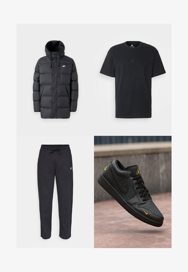 Fekete steppelt kabát kapucnival, elöl cipzárral, rugalmas mandzsettákkal, oldalsó zsebekkel és egy kis logóval a mellen. Texturált, steppelt kialakítás.; Fekete pamut póló Nike márkájú, klasszikus, kerek nyakú, rövid ujjú, és letisztult, dombornyomott logóval a mellkason. Simább textúra.; Fekete, puha anyagból készült melegítőnadrág, rugalmas derékkal, húzózsinórral és egy kis Nike logóval a bal combján.; Fekete sportcipők, textúrált bőr felsőrésszel, sárga Nike logóval és ikonikus dizájnelemekkel. Gumitalp, alacsony profilú sziluettel.