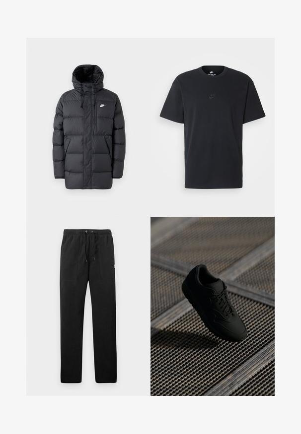 Casaco de puffer preto com capuz, apresentando fecho éclair à frente, punhos elásticos, bolsos laterais e um pequeno logótipo no peito. Design texturizado e acolchoado.; T-shirt de algodão preto da Nike com um clássico decote redondo, mangas curtas e um logótipo em relevo discreto no peito. Textura suave.; Calças de fato de treino pretas feitas de polar, com uma cintura elástica e cordões, dois bolsos frontais e um pequeno logótipo na coxa.; Sneaker preto com uma textura suave, biqueira redonda, atacadores à frente e uma marcação sutil. Exibido contra um fundo industrial texturizado.