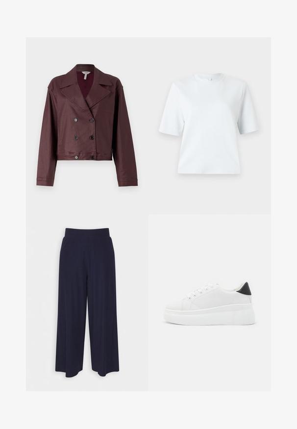 Skratená dvojradová bunda z tmavofialovej látky. Obsahuje klasický golier, zapínanie na gombíky a dlhé rukávy s hladkou textúrou.; Svetlomodré tričko s krátkym rukávom, vyrobené z mäkkého bavlneného materiálu. Má klasický okrúhly výstrih a voľný strih, bez vzorov a akcentov.; Široké nohavice z tmavomodrej látky s ribbovanou textúrou. Obsahujú hladký pás a voľný siluetu, s dĺžkou po stred lýtok.; Biele platformové tenisky vyrobené z hladkého syntetického materiálu, so zaoblenou špičkou, šnurovacím dizajnom a textúrovanou gumovou podrážkou. Čierny akcent na päte.