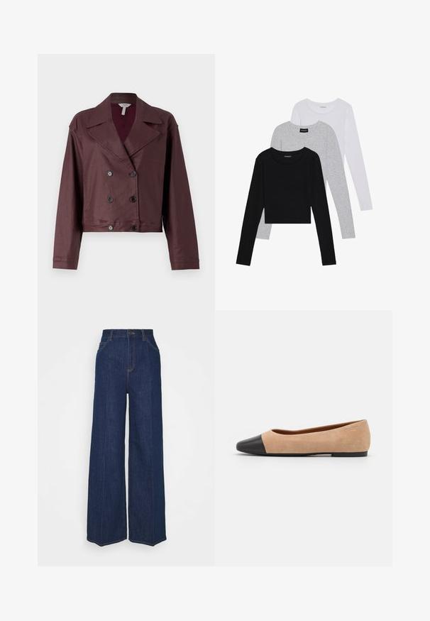 Rövidített, dupla gombolású kabát sötét szilva szövetből. Klasszikus gallérral, gombos zárással, és hosszú ujjal rendelkezik, sima felülettel.; Három hosszú ujjú póló egymásra rakva: fekete, szürke és fehér. Mindegyiknek kerek nyaka van, és rövidített fazonnal rendelkezik, sima, könnyű anyagból készült.; Magas derekú, széles szárú sötétkék farmernadrág elöl és hátul zsebekkel, gombos záródással és látható varrási részletekkel.; Beige velúr balettcipő fekete bőr kerek orral, alacsony sarokkal és sima textúrával, minimális varrással és letisztult dizájnnal.