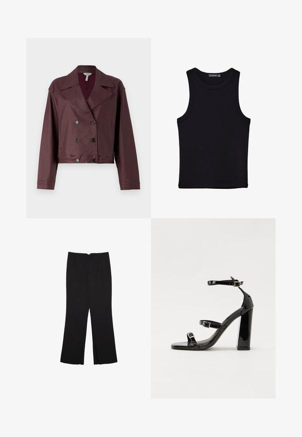 Kratka dvoredna jakna v temno slivovi tkanini. Ima klasičen ovratnik, zapenjanje s gumbi in dolge rokave z gladko teksturo.; Črna majica brez rokavov iz bombaža, z okroglim izrezom in širokimi odprtinami za roke. Gladka tekstura s šivi na robovih. Klasičen, minimalističen dizajn.; Črne hlače ravnega kroja z naglavnimi žepi in stranskimi razporki na robu. Narejene iz mehke, gladke tkanine. Primerne za različne priložnosti.; Črne lakirane sandale s peto, kvadratnim prstom, trakovi okrog gležnja in srebrnimi zaponkami. Opremljene so s stabilno Debelo peto.