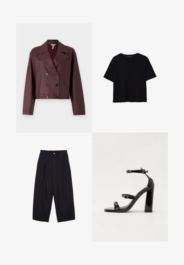 Lyhennetty tumman luumarjakas takki. Ominaisuuksina klassinen kaulus, nappikiinnitys ja pitkät hihat, jotka ovat sileää materiaalia.; Mustat lyhyet hihavat t-paidat, jotka on valmistettu puuvillasta. Ominaisuuksiin kuuluu pyöreä kaula-aukko ja löysä istuvuus sekä sileä, yksinkertainen pinta. Ei näkyviä kuvioita tai koristeita.; Musta polyesterinen culotte-housut, jossa on joustava vyötärö, kaksi etupleettiä ja löysä siluetti. Ei näkyviä kuvioita tai metallisia yksityiskohtia.; Musta kiiltävä korkokenkä sandaalit neliönmuotoisella varpaalla, nilkkaremmillä ja hopeisilla soljilla. Varustettu tukevalla lohkokorkealla vakauden takaamiseksi.