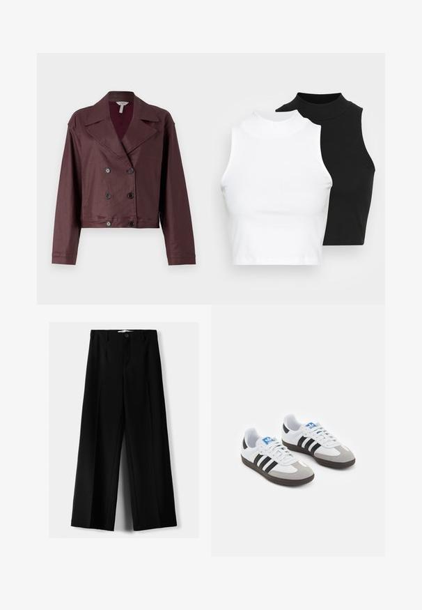 Avskuren dubbelknäppt jacka i mörk plommonfärgad tyg. Har en klassisk krage, knäppning med knappar och långa ärmar med en mjuk textur.; Två ärmlösa ribbade polotröjor i svart och vitt, med en figursydd design och slät textur, i en kortad längd.; Svarta vida byxor i lätt material, med knappstängning fram och platt front, samt väl sydda fållar.; Sportskor med överdel i vit läder, grå mocka på tårna och tre svarta ränder. Har en blå logotyp på tungan och en texturerad gummisula.