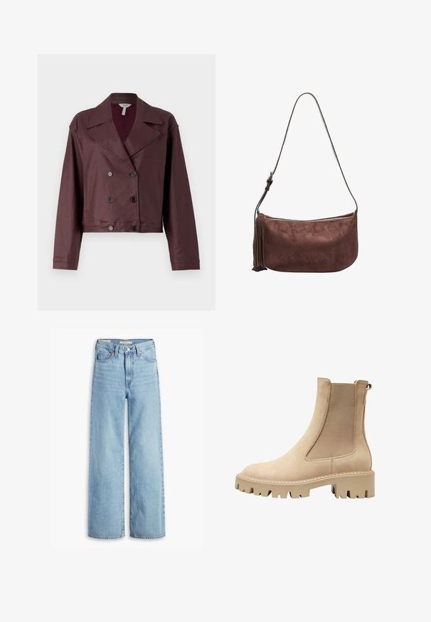 Veste cropped à double boutonnage en tissu prune foncé. Elle présente un col classique, une fermeture à boutons et des manches longues avec une texture lisse.; Levi's® T-shirt imprimé - braun; Jean large taille haute en denim bleu clair avec fermeture à bouton et zip à l'avant, passants de ceinture et cinq poches.; Bottines beiges avec une finition en suède lisse, des panneaux latéraux élastiques et une semelle crantée épaisse pour une traction optimale. Présente un détail de couture décoratif.; Sac bandoulière en daim brun avec fermeture éclair, forme courbe et détail à frange sur le côté. Dispose d'une sangle ajustable pour différentes longueurs.