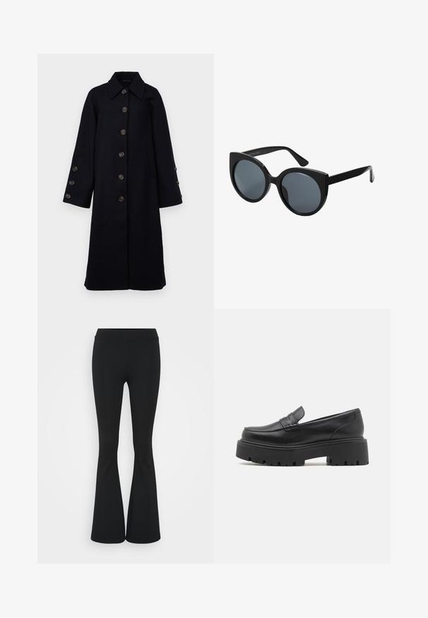 Marineblaue Wolljacke mit großem Kragen, acht braunen Knöpfen vorne, zwei seitlichen Taschen und weiten Ärmeln mit Knopfdetails.; Drei figurbetonte T-Shirts in Weiß, Grau und Schwarz. Jedes hat einen weiten Rundhalsausschnitt und kurze Ärmel. Hergestellt aus glattem, elastischem Stoff.; Schwarze, ausgestellte Hosen aus dehnbarem Material mit hohem Bund und glatter Textur. Die Hose weitet sich ab dem Knie.; Schwarze Lederloafers mit einer niedrigen, dicke Gummisohle, gesteppten Details im Obermaterial und einer glatten Textur.; Schwarze übergroße Sonnenbrille mit Katzenaugenform, dunkel getönten Gläsern und glänzendem Kunststoffrahmen. Verfügt über dicke Bügel für Unterstützung.